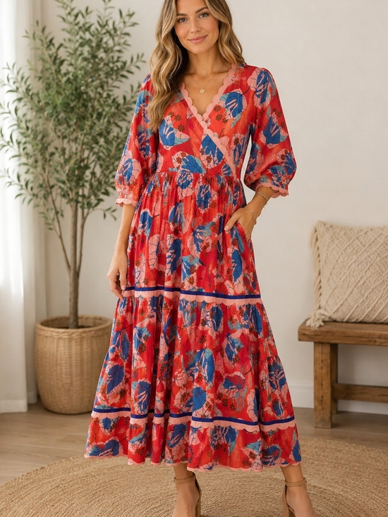 Farylina Dresses & Skirts - Farylina NWT Red Floral Wrap Midi Dress with Puff Sleeves PTP 20